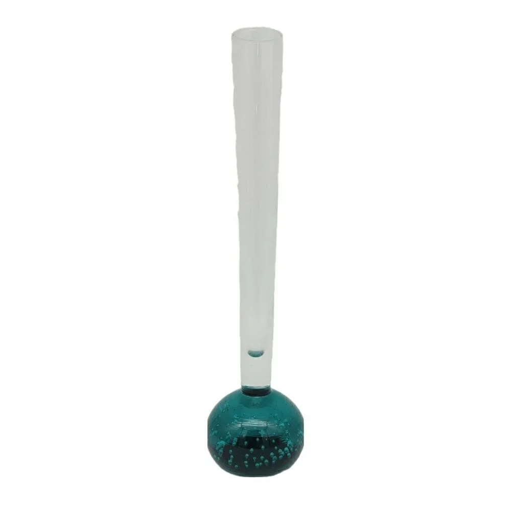 Vintage Teal Bubble Base Blown Glass Vase Narrow Mid Century Modern Smooth 8